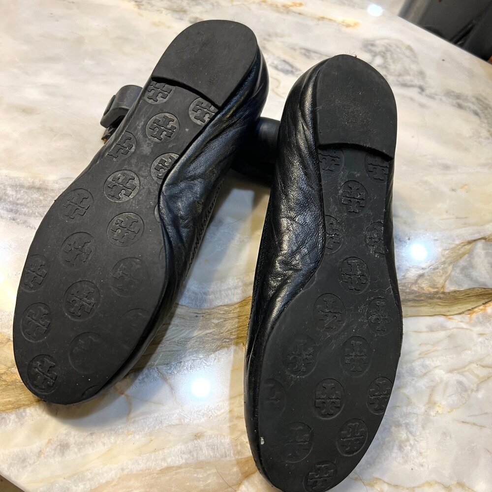 Tory Burch Reva Leather Black Silver Logo Ballet Flats Shoe Women's 6.5 - Picture 10 of 16